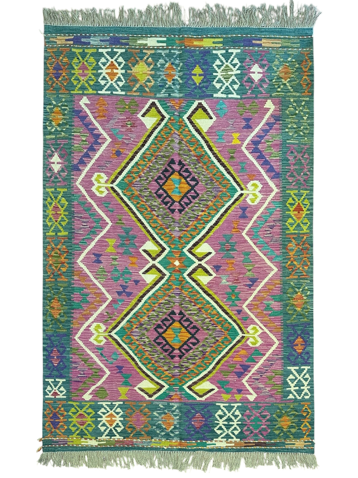 Afghan Kilim Rug 5x7, Teal, Pink & Green, Hand-Woven Wool Flatweave