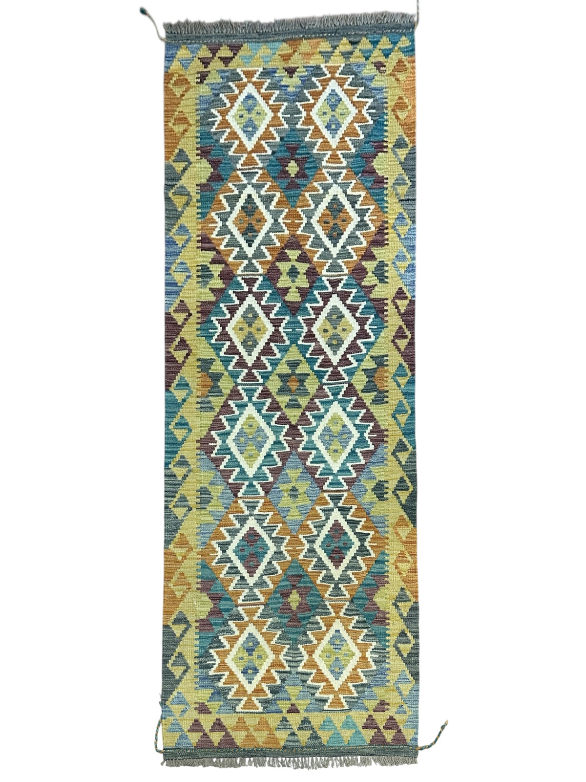 Afghan Kilim Runner 3x7, Olive Green, Blue & Teal, Hand-Woven Wool Flatweave