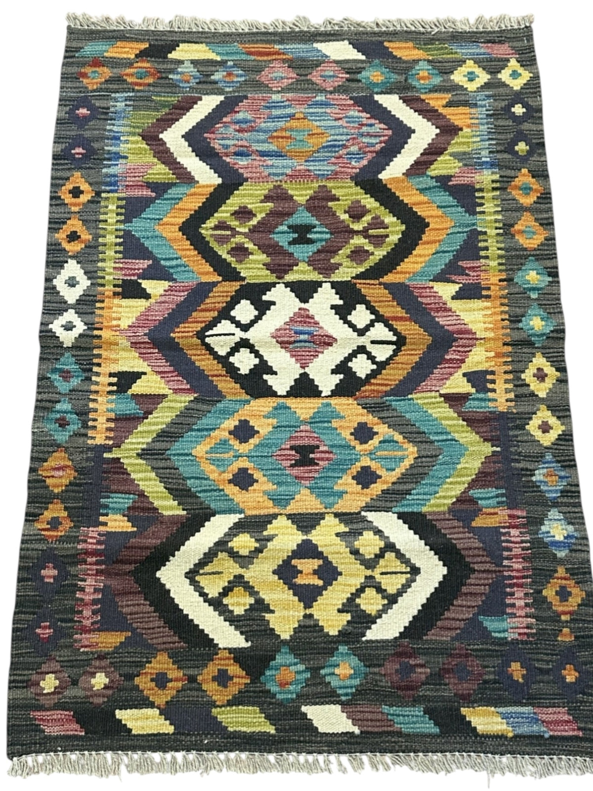 Afghan Kilim Rug 3x4, Black, Teal & Orange, Hand-Woven Wool Flatweave, view 2