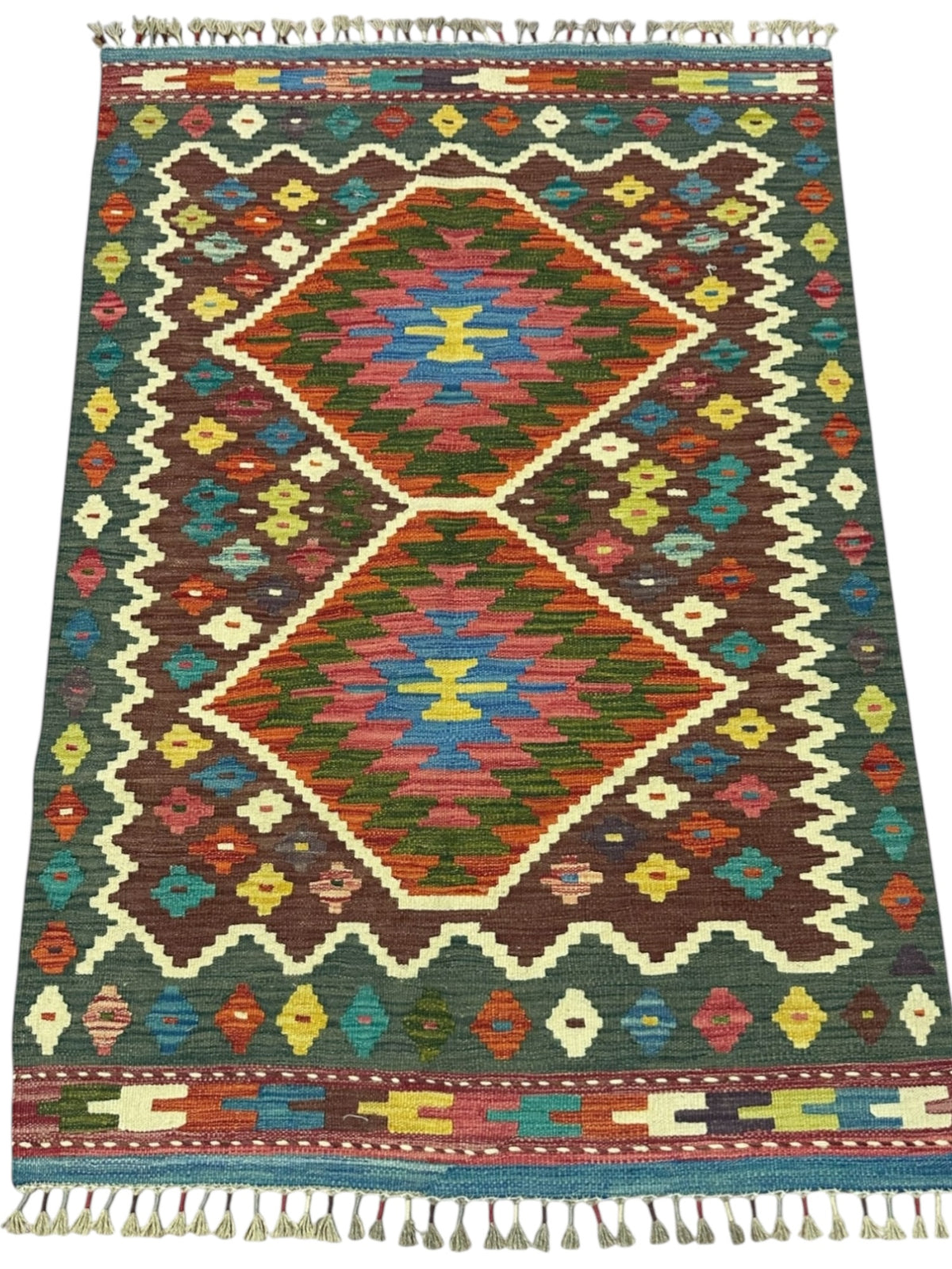 Afghan Kilim Rug 3x5, Brown, Green & Rust, Hand-Woven Wool Flatweave, view 2