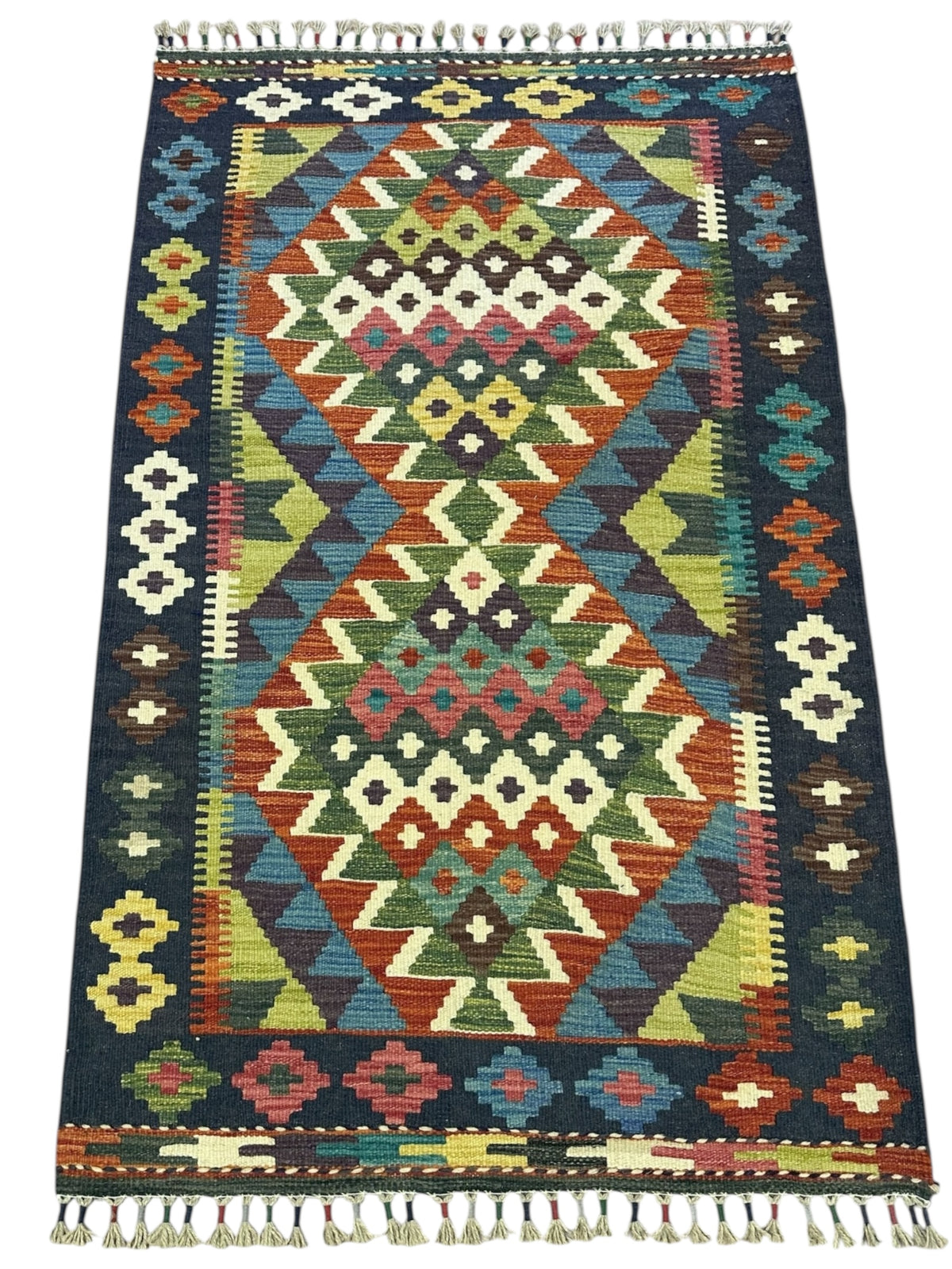 Afghan Kilim Rug 3x4, Navy, Rust & Olive Green, Hand-Woven Wool Flatweave, view 2