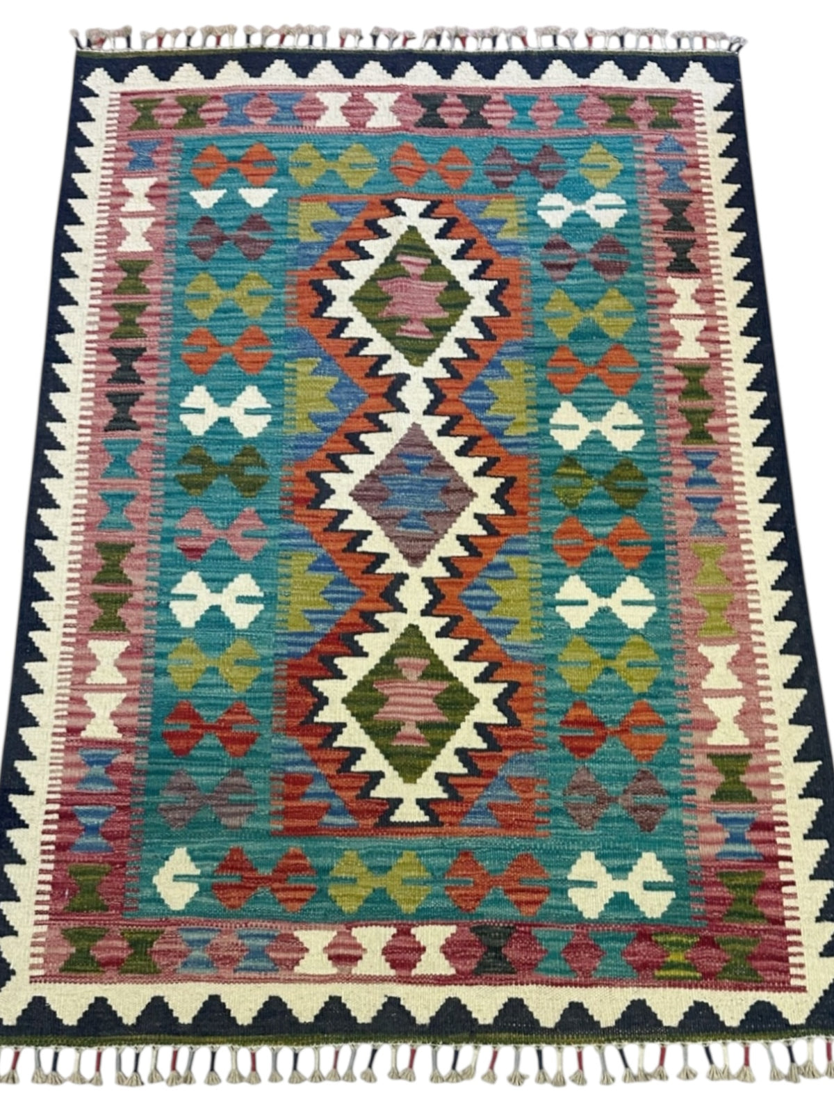 Afghan Kilim Rug 3x5, Teal, Navy & Pink, Hand-Woven Wool Flatweave, view 2