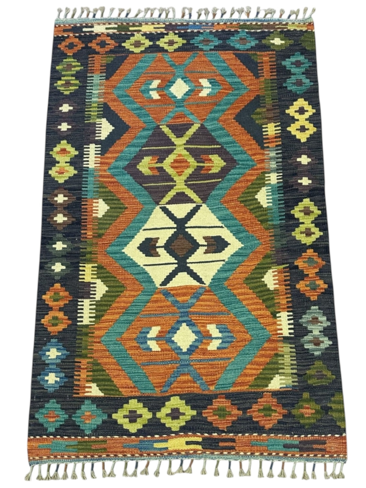 Afghan Kilim Rug 3x4, Rust, Navy & Teal, Hand-Woven Wool Flatweave, view 2