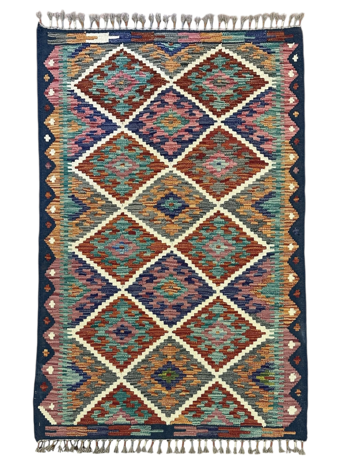 Afghan Kilim Rug 3x4, Rust, Navy & Pink, Diamond Lattice Wool Flatweave