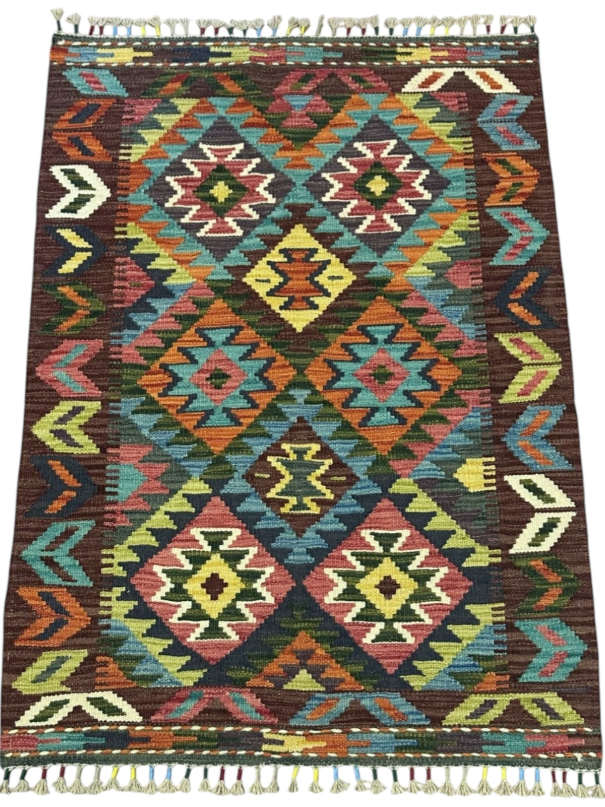 Afghan Kilim Rug 3x4, Brown, Rust & Teal, Hand-Woven Wool Flatweave, view 2