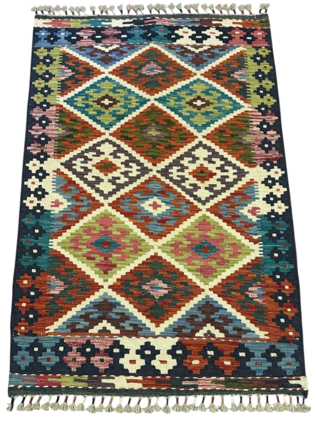 Afghan Kilim Rug 3x4, Teal, Rust & Ivory, Hand-Woven Wool Flatweave, view 2