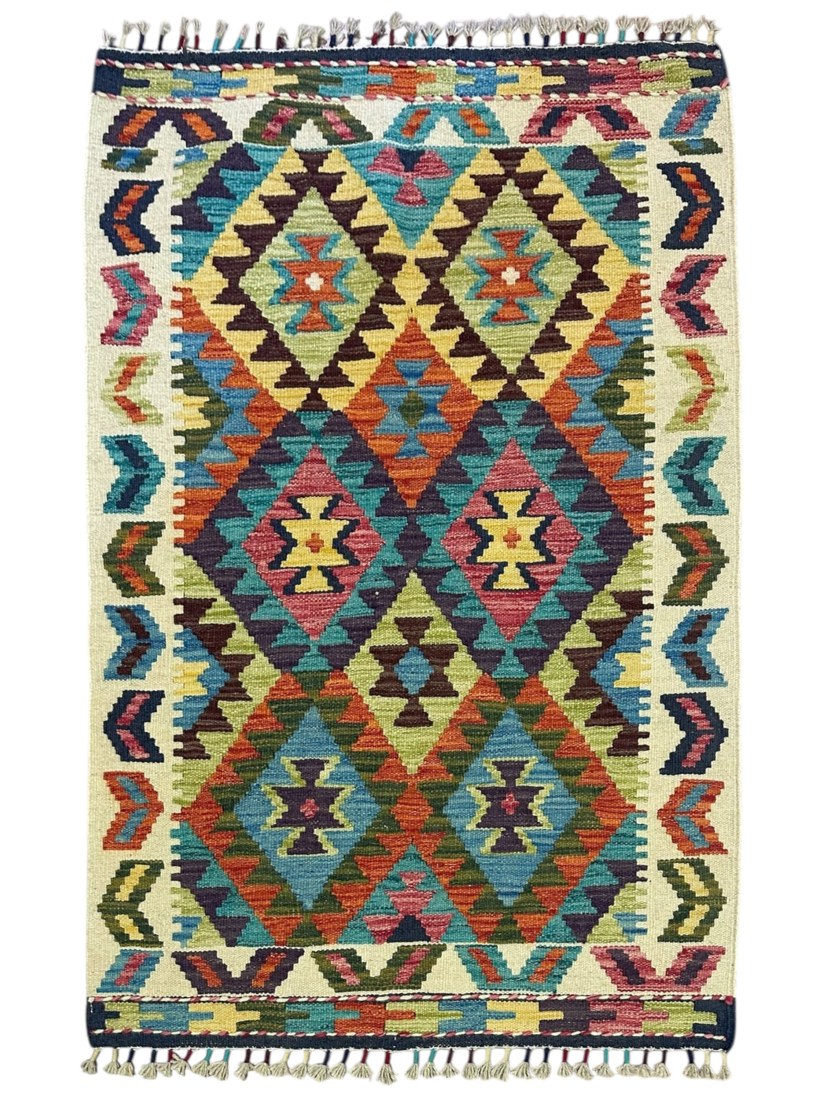 Afghan Kilim Rug 3x4, Ivory, Teal & Rust, Hand-Woven Wool Flatweave