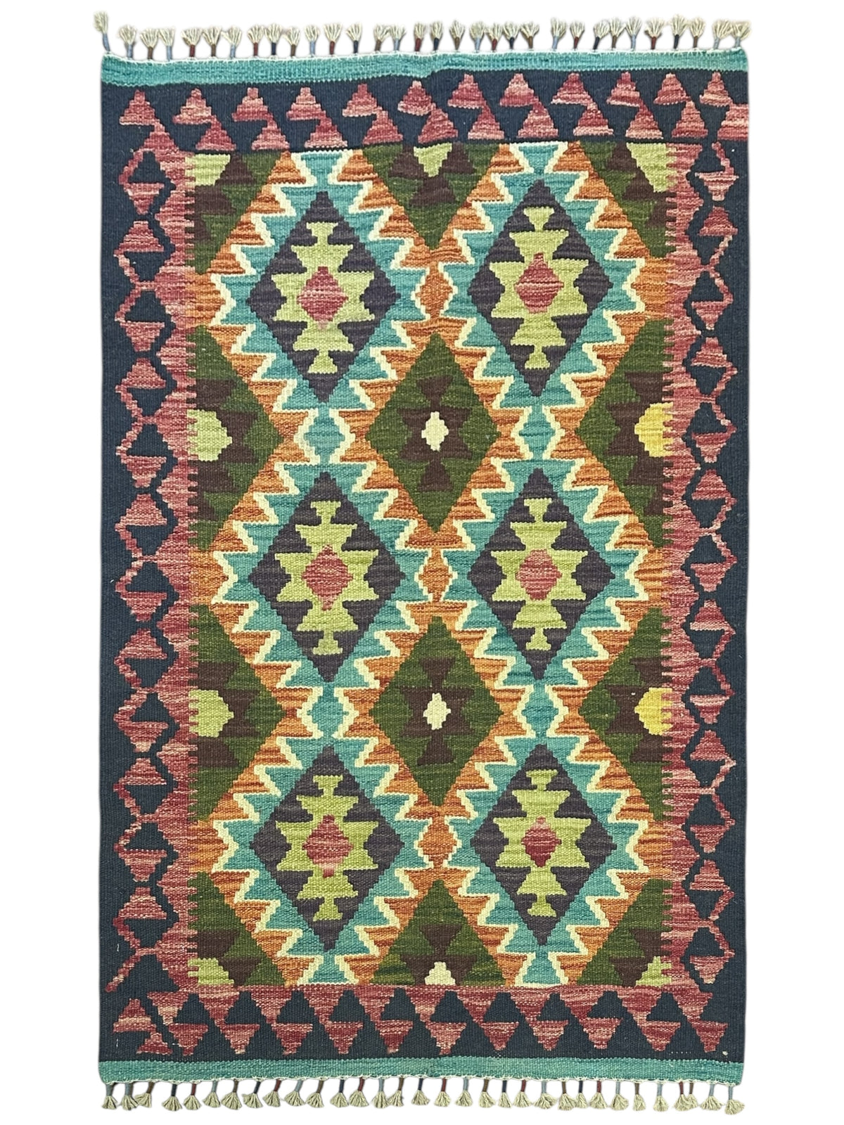 Afghan Kilim Rug 3x4, Navy, Olive Green & Teal, Hand-Woven Wool Flatweave