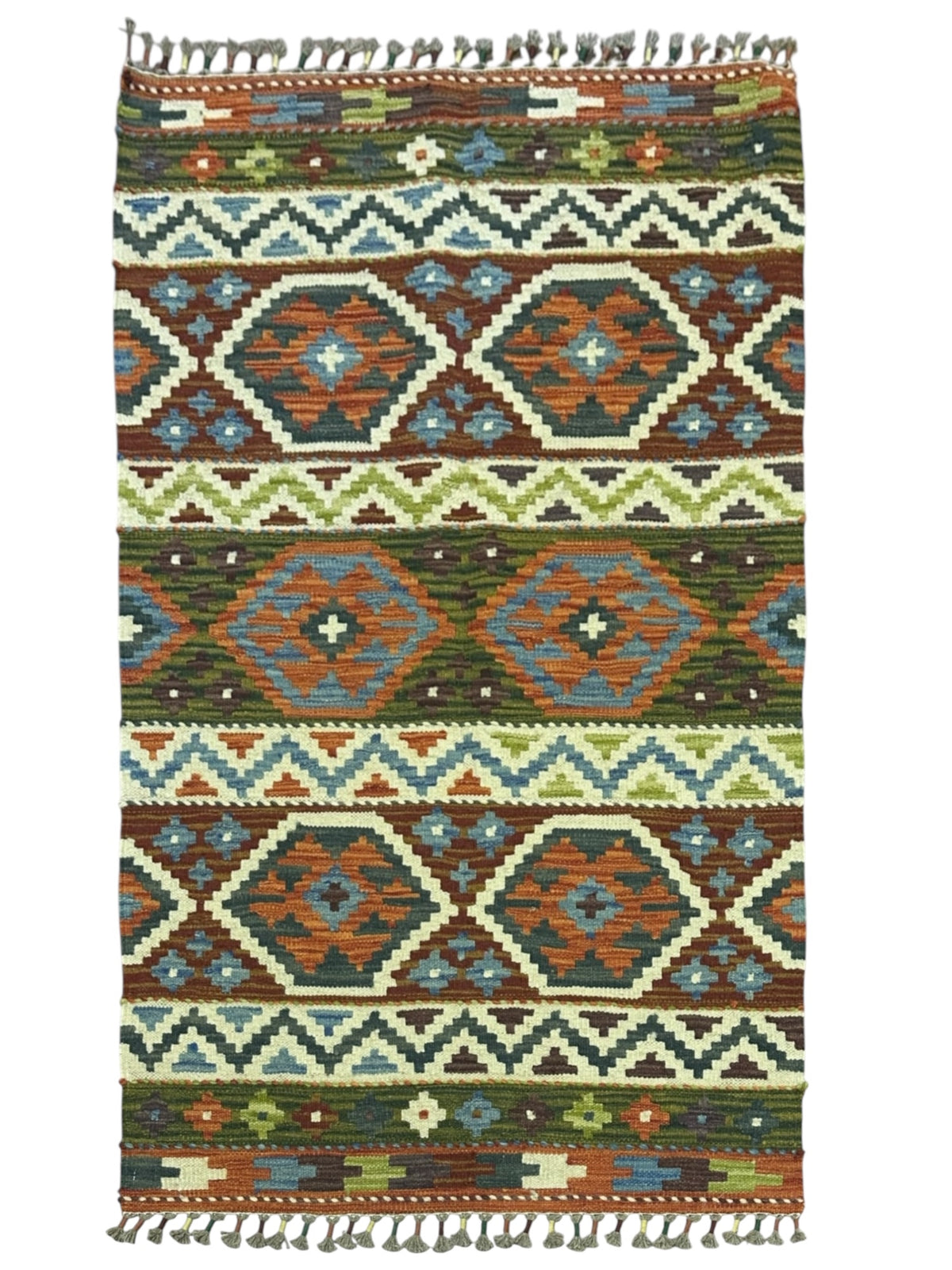 Afghan Kilim Rug 3x4, Rust, Olive Green & Ivory, Striped Wool Flatweave