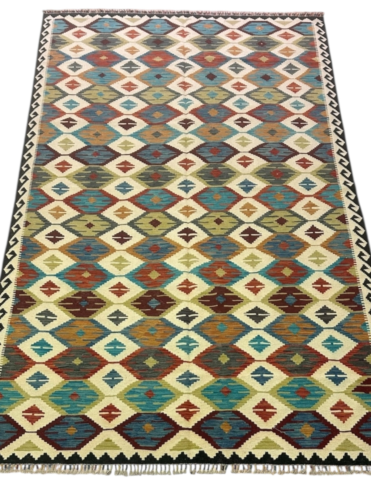 Afghan Kilim Rug 6x10, Ivory, Rust & Teal, Hand-Woven Wool Flatweave, view 2