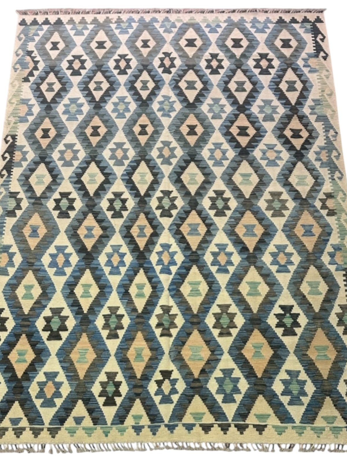 Afghan Kilim Rug 7x10, Beige, Blue & Gray, Hand-Woven Wool Flatweave, view 2