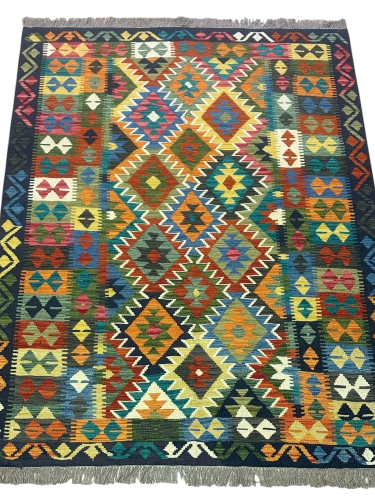 Afghan Kilim Rug 5x7, Navy, Rust & Orange, Hand-Woven Wool Flatweave, view 2