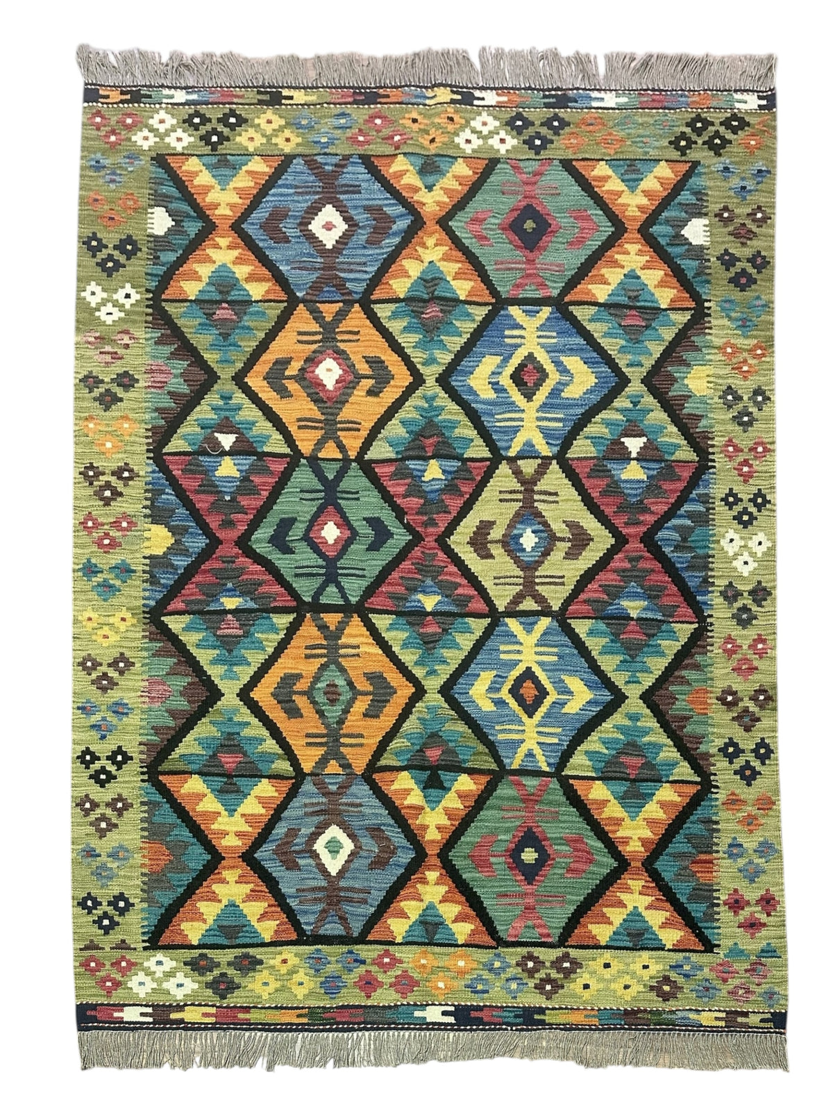Afghan Kilim Rug 5x6, Olive Green, Teal & Gold, Hand-Woven Wool Flatweave