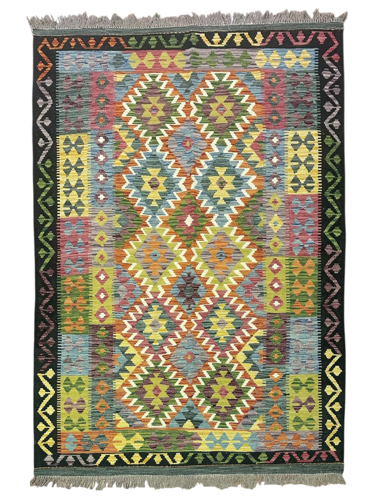 Afghan Kilim Rug 5x6, Olive Green, Yellow & Gray, Hand-Woven Wool Flatweave
