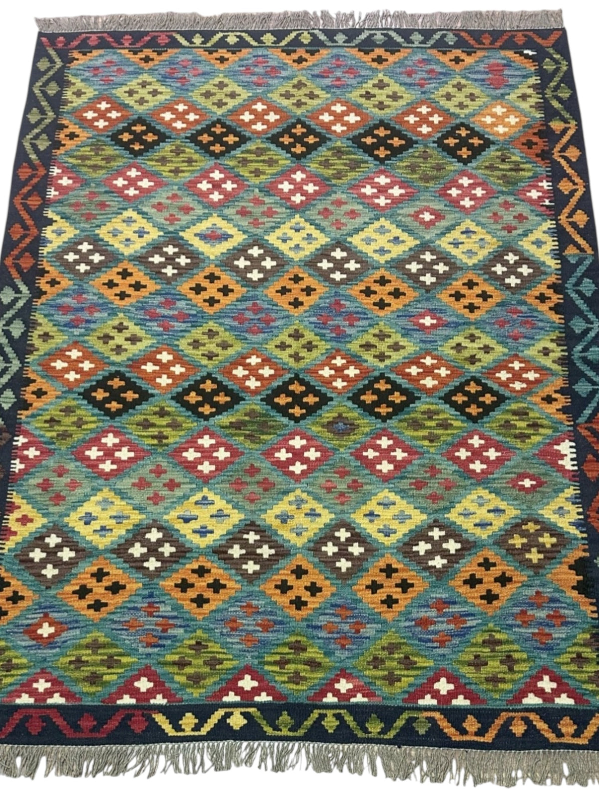 Afghan Kilim Rug 5x6, Olive Green, Rust & Teal, Hand-Woven Wool Flatweave, view 2