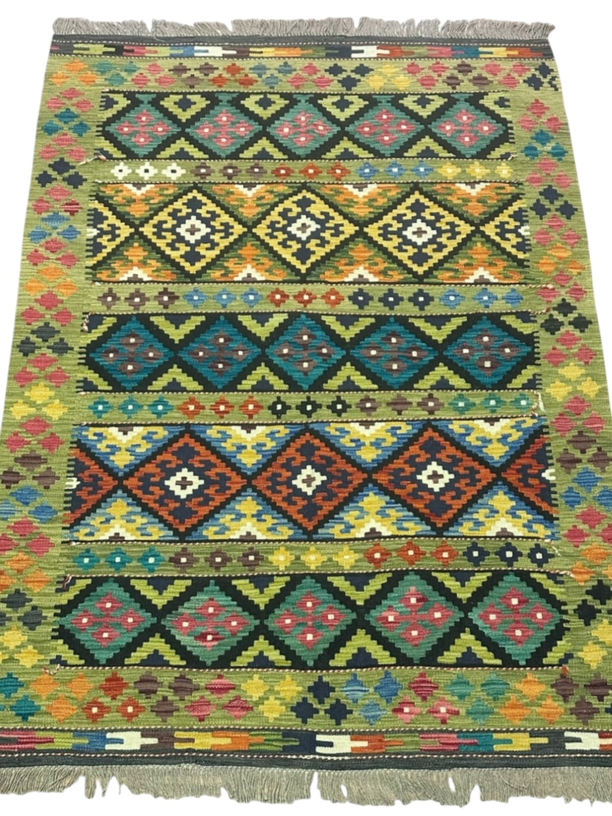 Afghan Kilim Rug 5x7, Olive Green, Black & Teal, Hand-Woven Wool Flatweave, view 2