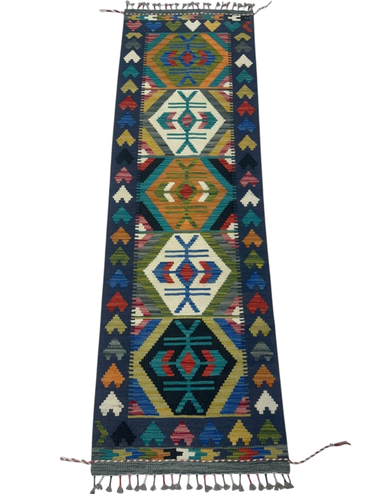 Afghan Kilim Runner 2x6, Navy, Gold & Ivory, Hand-Woven Wool Flatweave, view 2