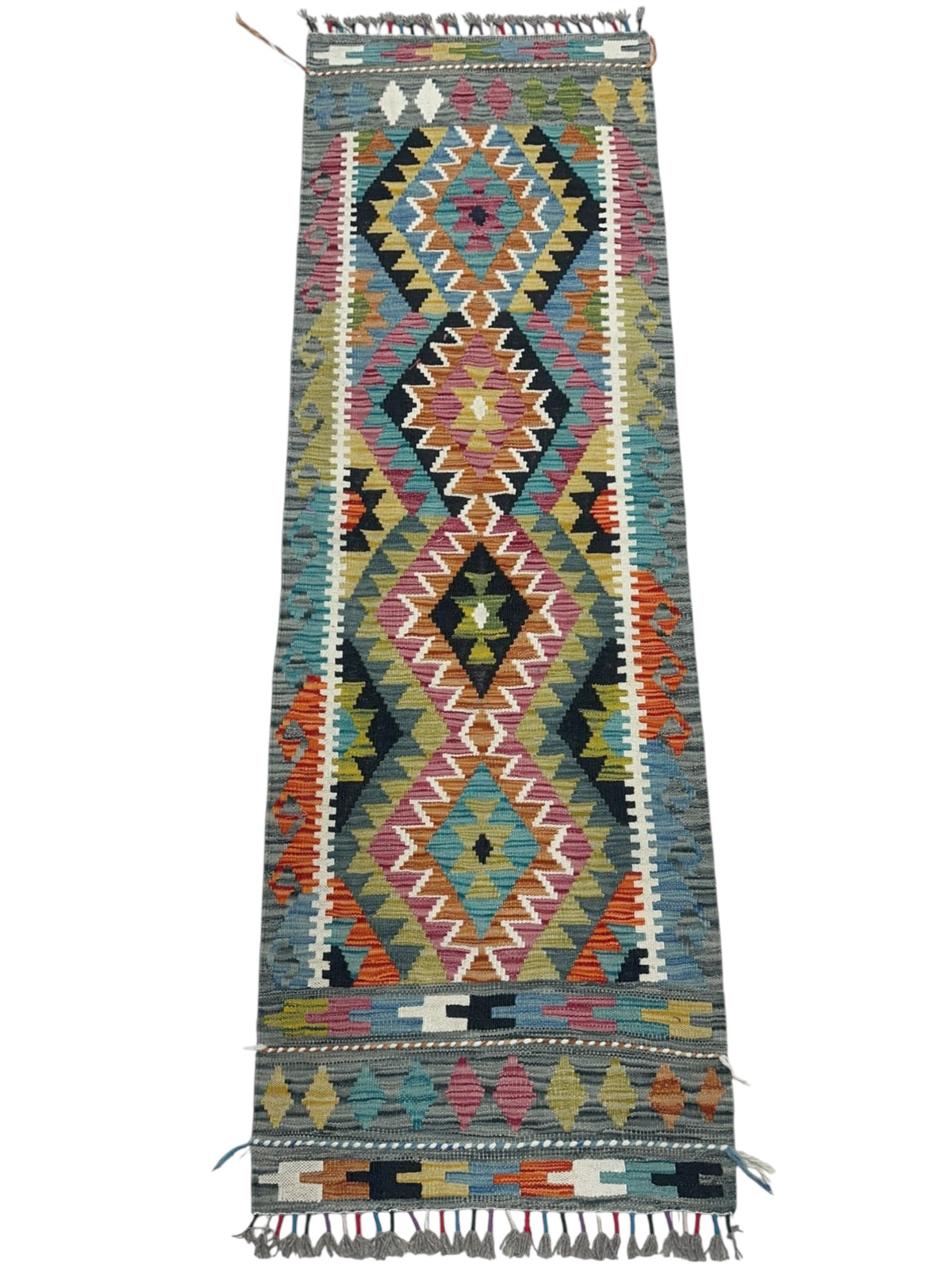 Afghan Kilim Runner 2x6, Teal, Rust & Ivory, Hand-Woven Wool Flatweave, view 2