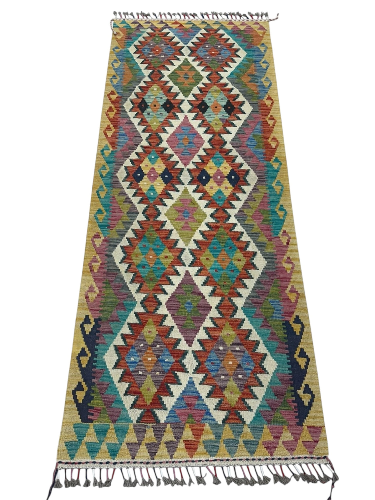 Afghan Kilim Runner 3x7, Rust, Ivory & Gold, Hand-Woven Wool Flatweave, view 2