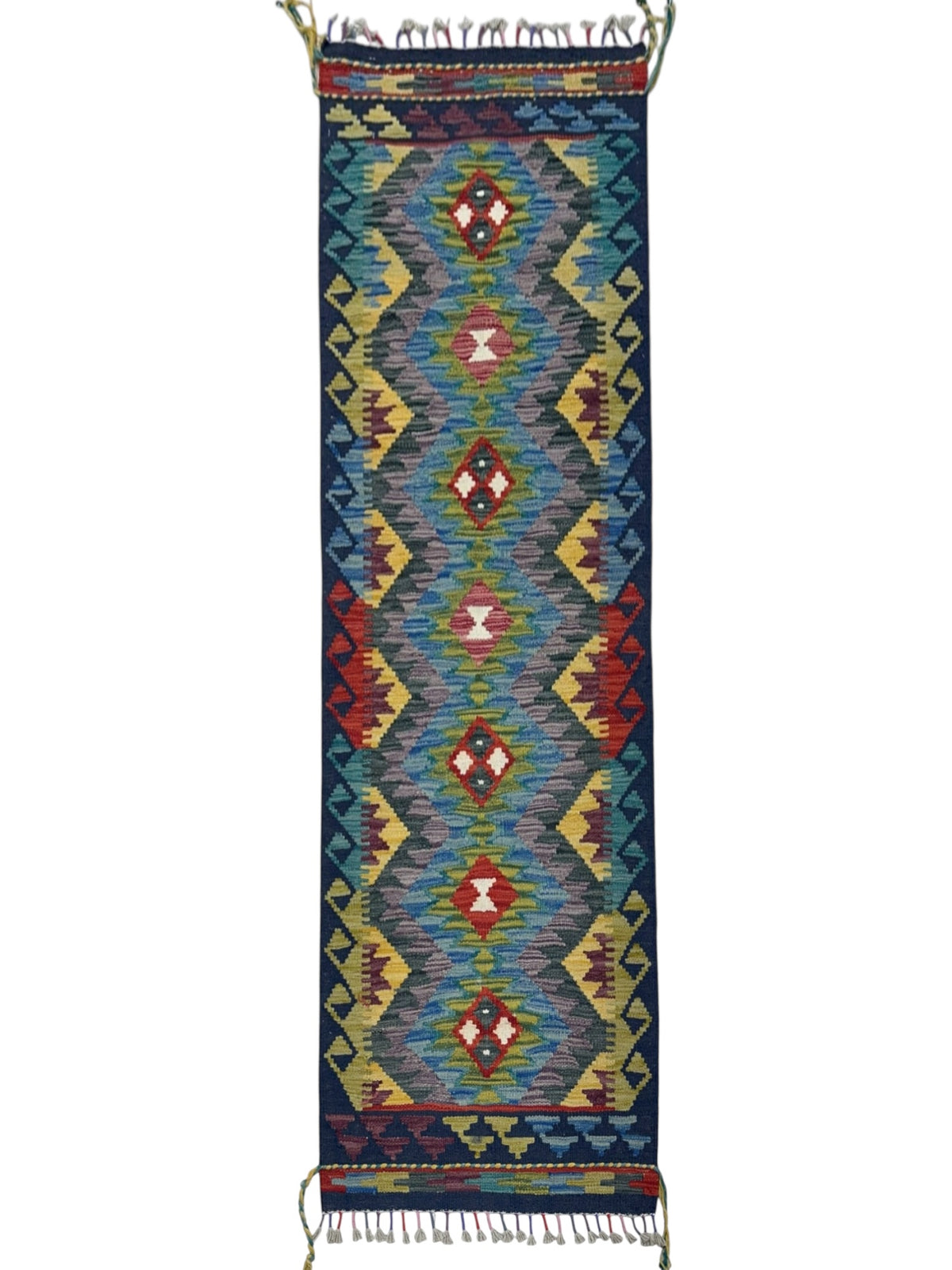 Afghan Kilim Runner 2x6, Navy, Blue & Gray, Hand-Woven Wool Flatweave