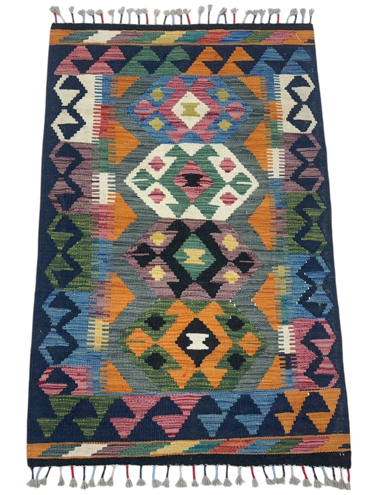 Afghan Kilim Rug 3x4, Navy, Orange & Gray, Hand-Woven Wool Flatweave, view 2