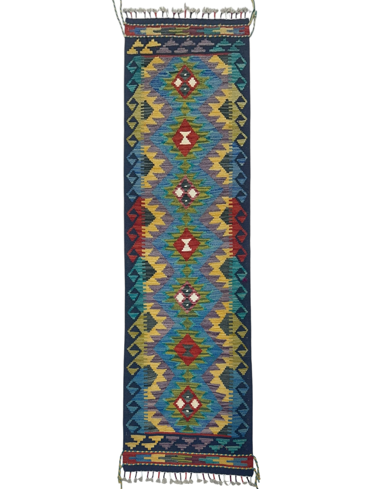 Afghan Kilim Runner 2x6, Navy, Blue & Gold, Hand-Woven Wool Flatweave