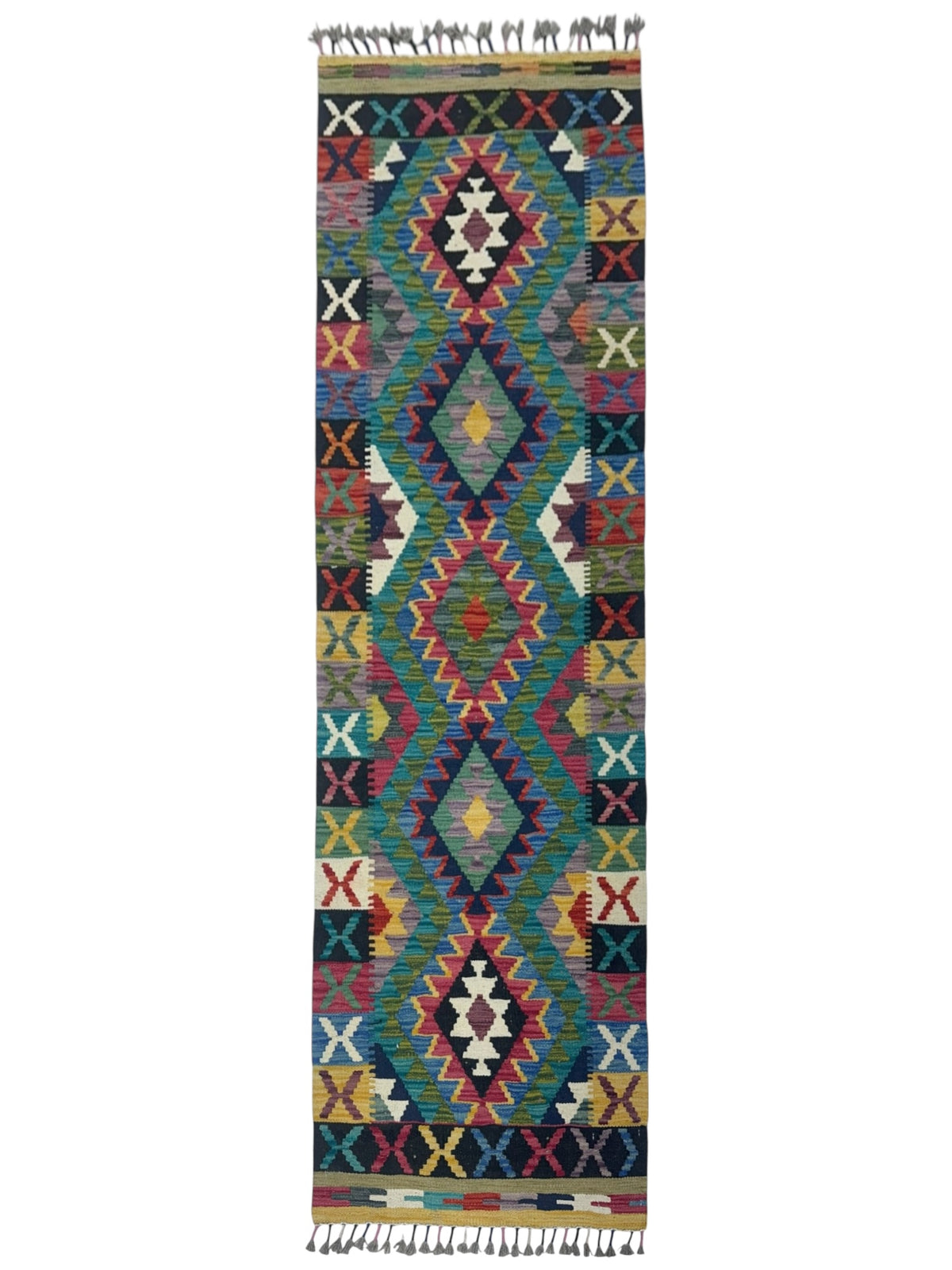 Afghan Kilim Runner 2x7, Teal, Green & Navy, Hand-Woven Wool Flatweave