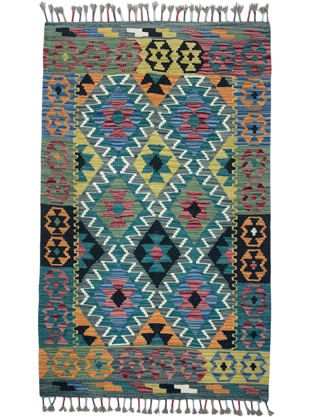 Afghan Kilim Rug 3x4, Teal, Gray & Yellow, Hand-Woven Wool Flatweave