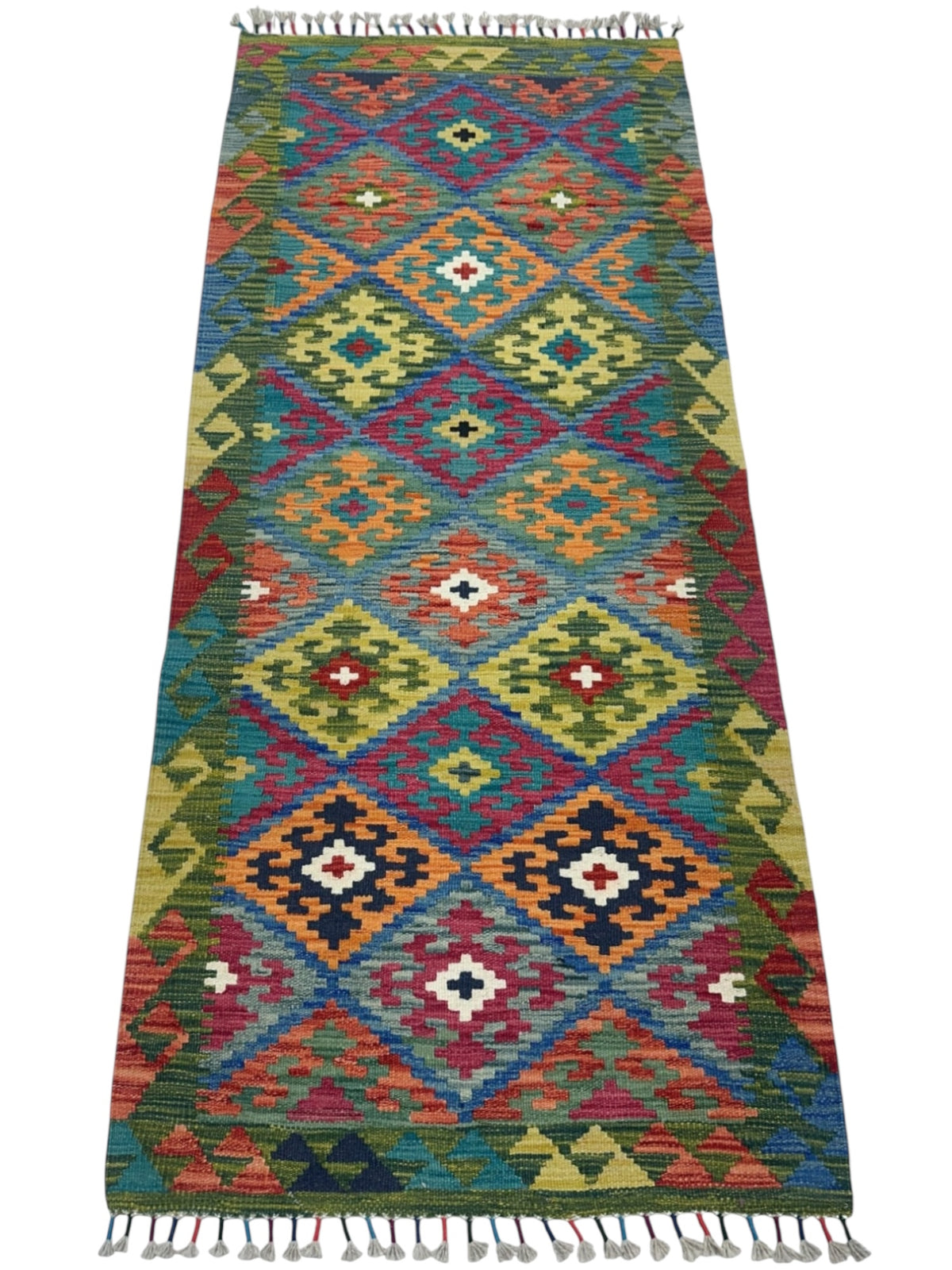 Afghan Kilim Rug 3x6, Olive Green, Pink & Teal, Hand-Woven Wool Flatweave, view 2