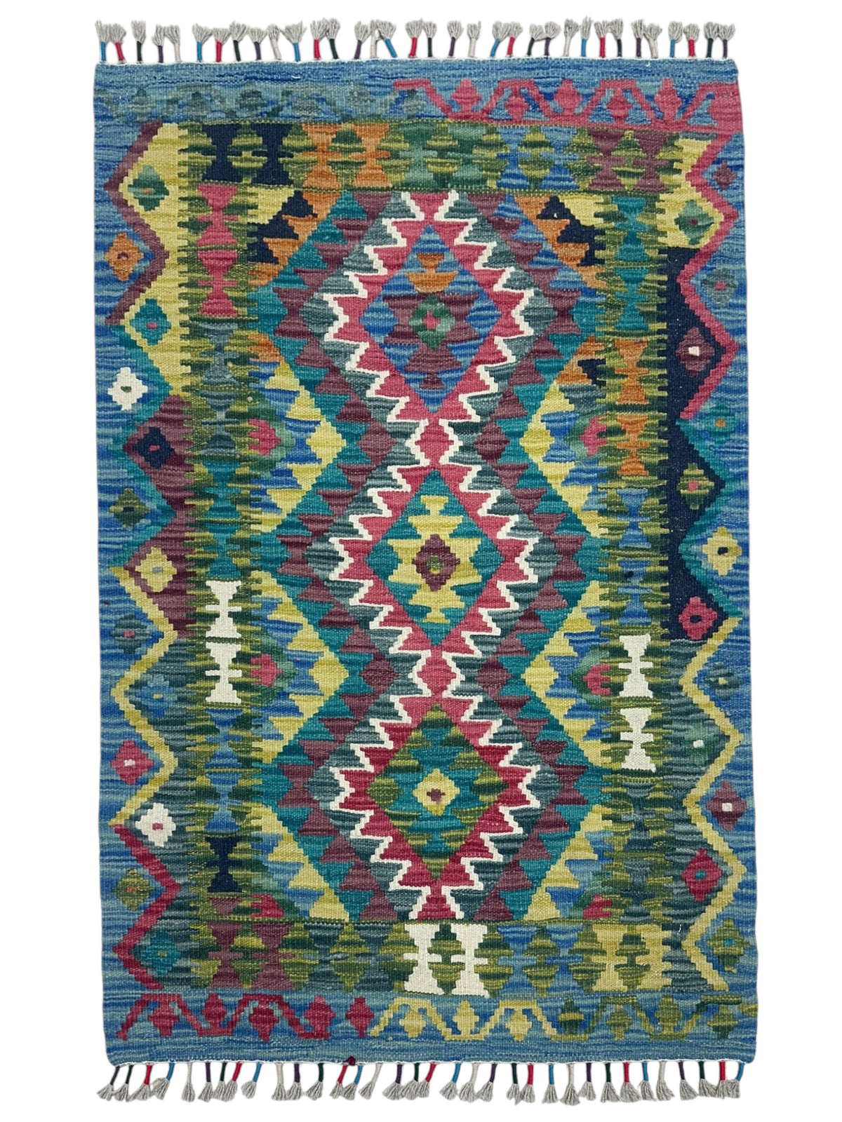 Afghan Kilim Rug 3x4, Blue, Olive Green & Pink, Hand-Woven Wool Flatweave