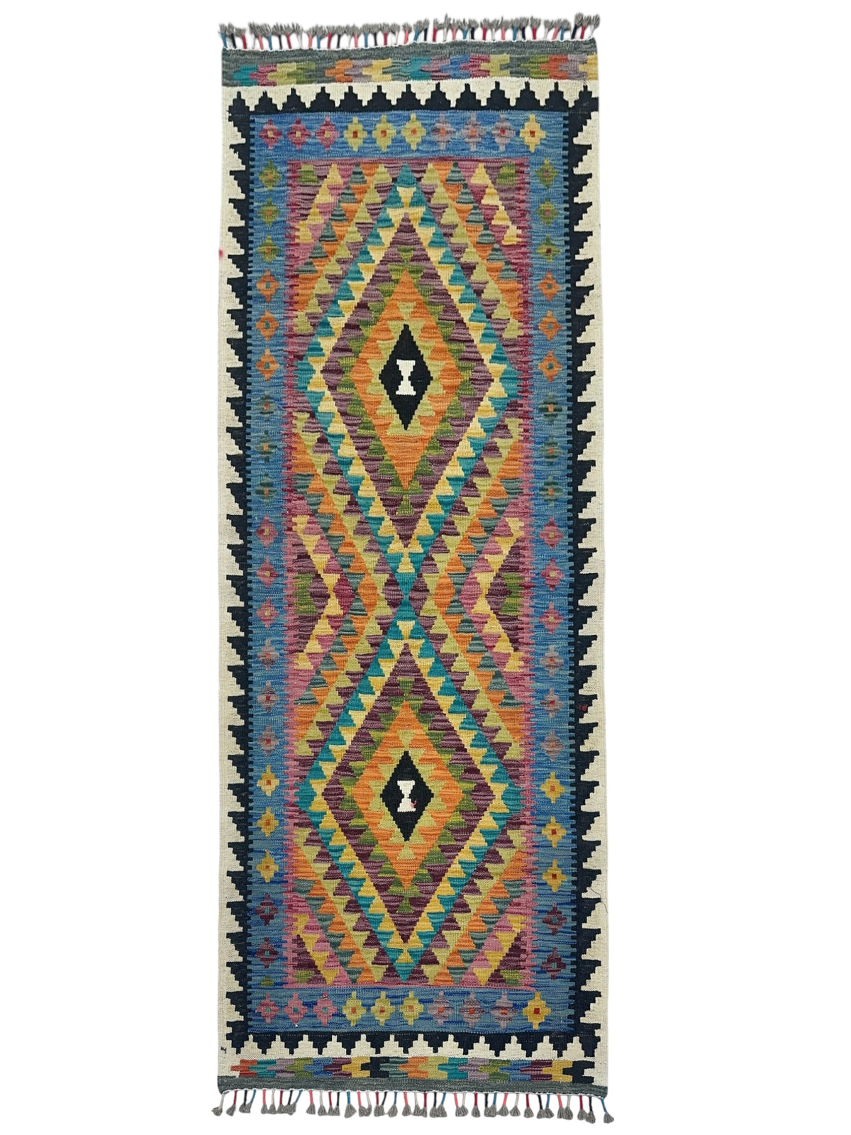 Afghan Kilim Runner 3x6, Gold, Orange & Blue, Hand-Woven Wool Flatweave