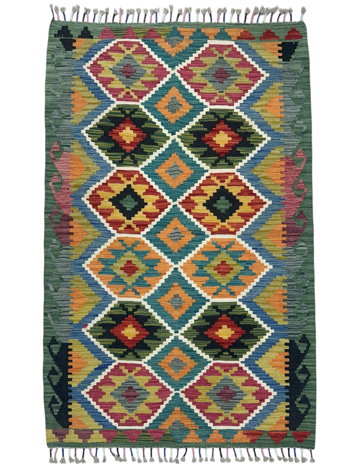 Afghan Kilim Rug 3x5, Green, Orange & Teal, Hand-Woven Wool Flatweave