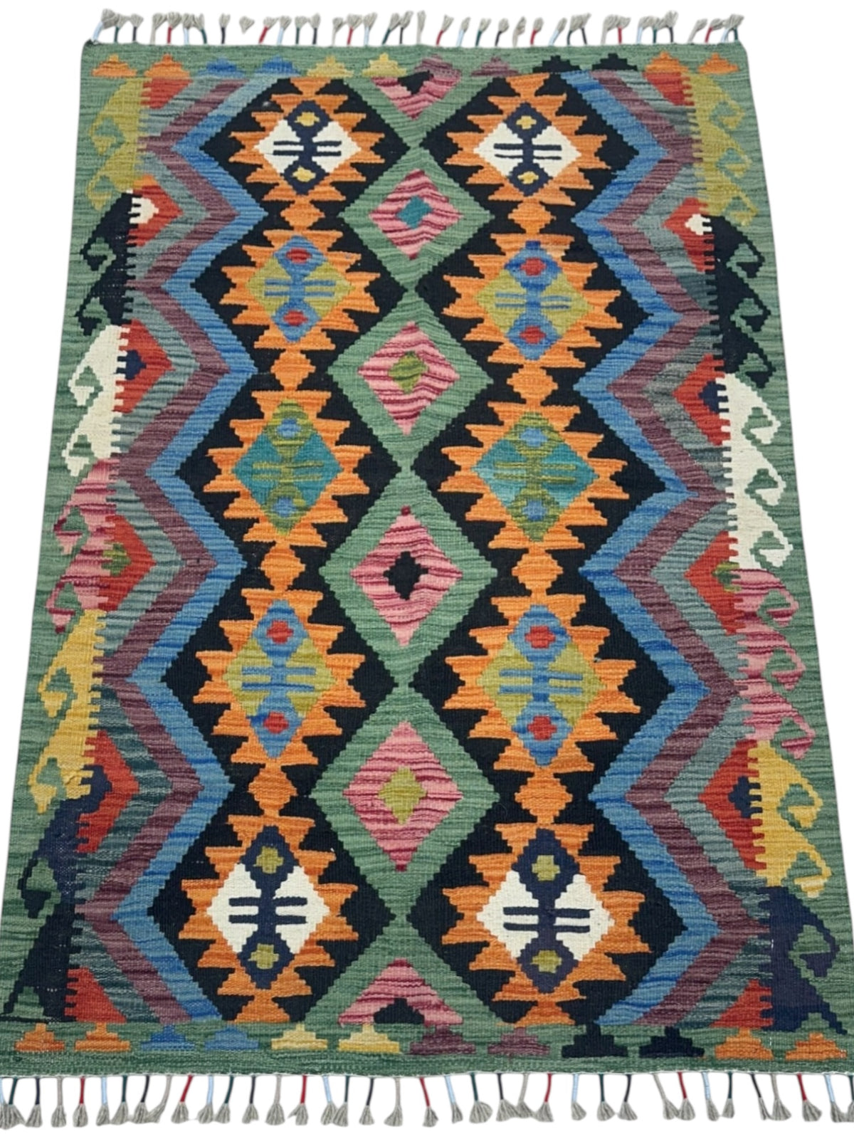 Afghan Kilim Rug 3x5, Black, Orange & Green, Hand-Woven Wool Flatweave, view 2