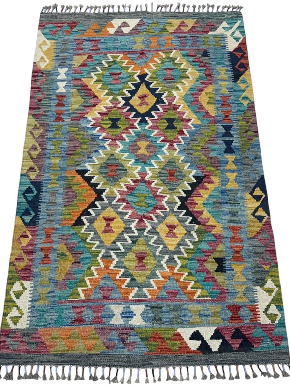 Afghan Kilim Rug 3x5, Gray, Teal & Gold, Hand-Woven Wool Flatweave, view 2