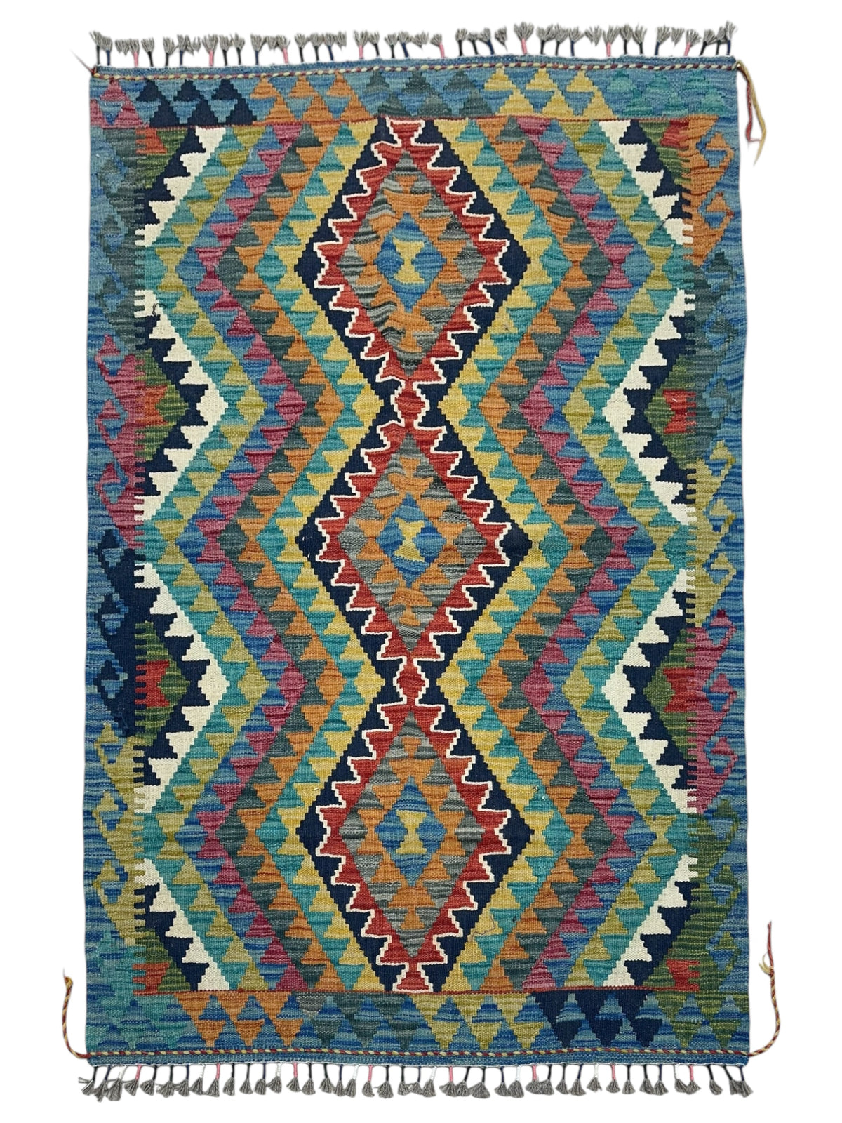 Afghan Kilim Rug 3x5, Teal, Olive Green & Rust, Hand-Woven Wool Flatweave
