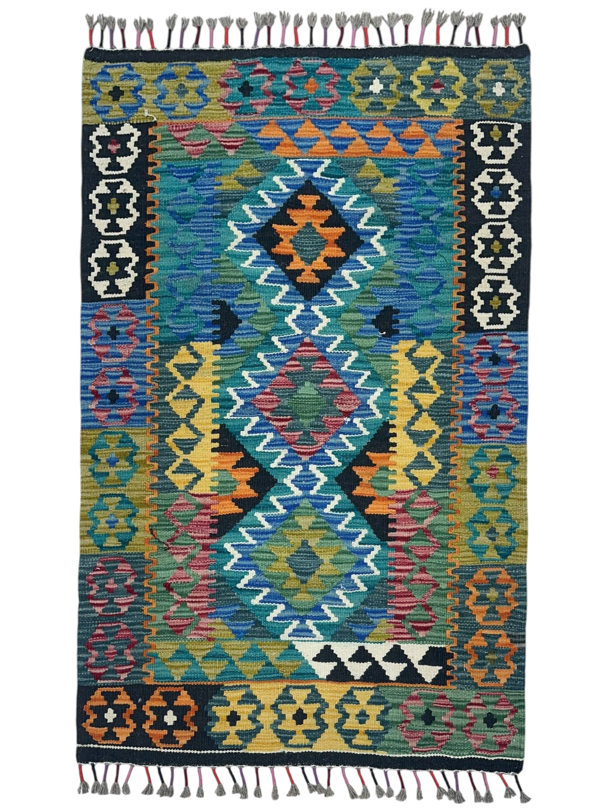 Afghan Kilim Rug 3x4, Teal, Olive Green & Black, Hand-Woven Wool Flatweave
