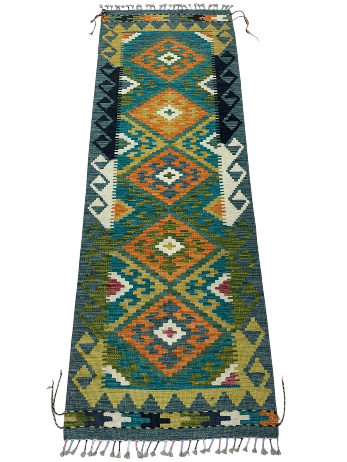 Afghan Kilim Runner 2x6, Teal, Olive Green & Orange, Hand-Woven Wool Flatweave, view 2