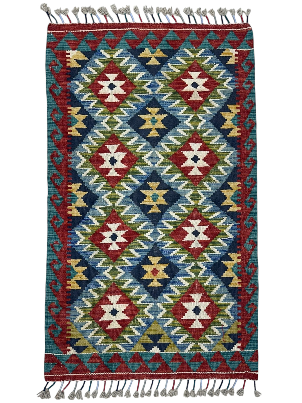 Afghan Kilim Rug 2x4, Red, Navy & Blue, Hand-Woven Wool Flatweave