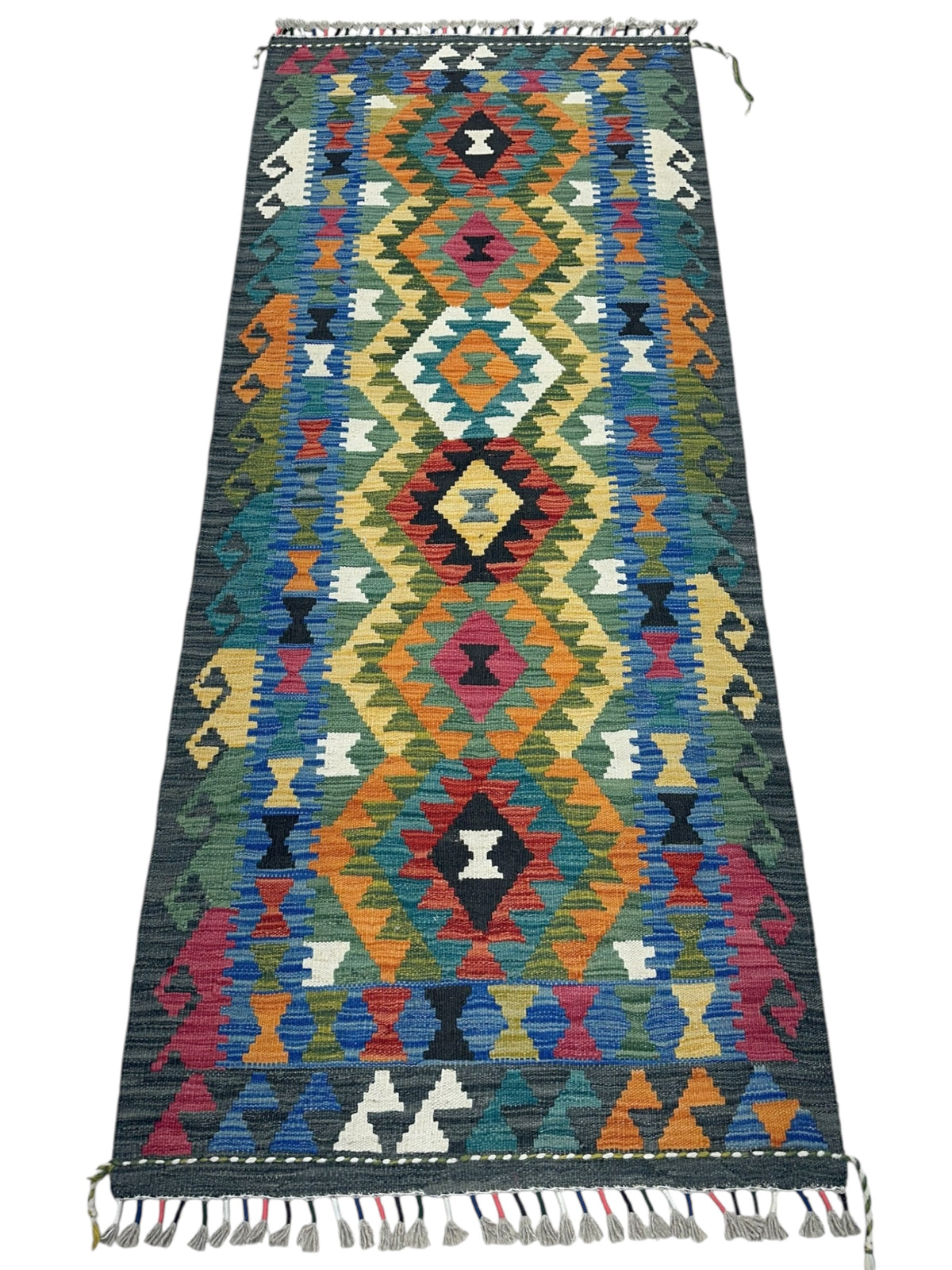 Afghan Kilim Runner 3x6, Green, Orange & Teal, Hand-Woven Wool Flatweave, view 2