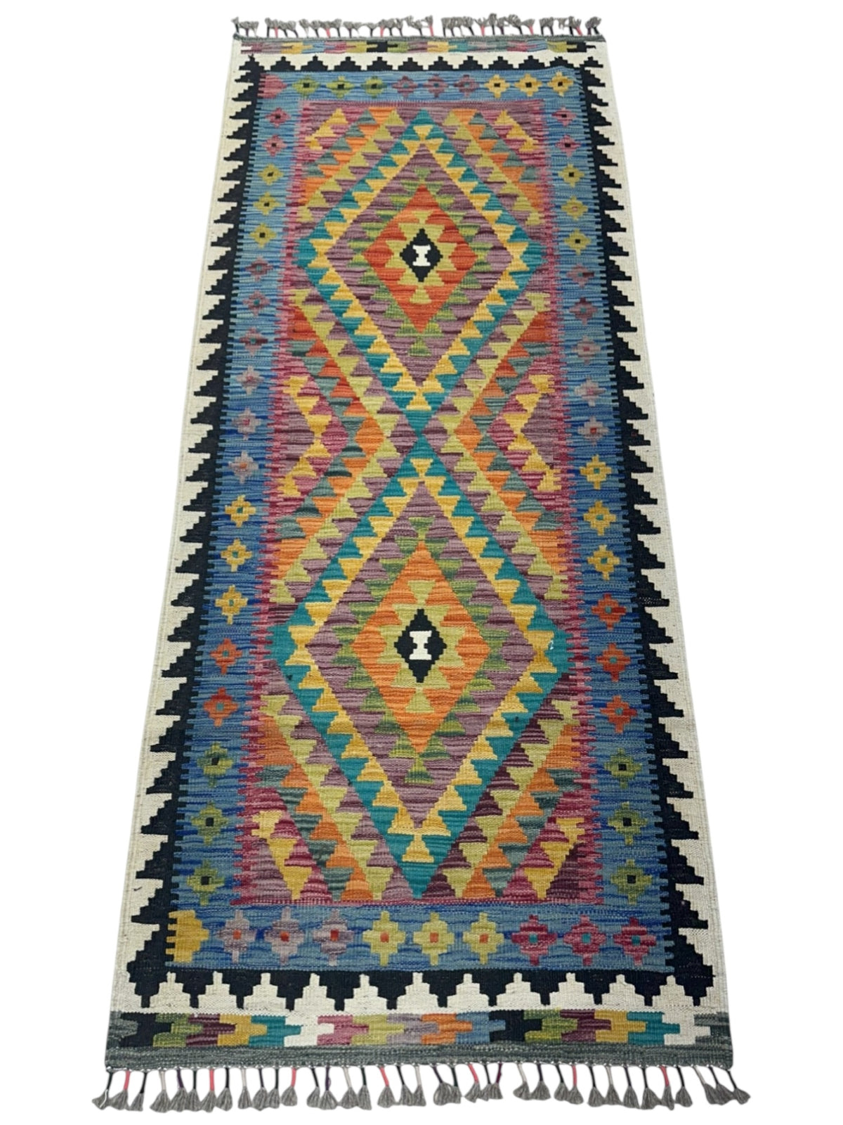 Afghan Kilim Runner 3x6, Blue, Orange & Gold, Hand-Woven Wool Flatweave, view 2