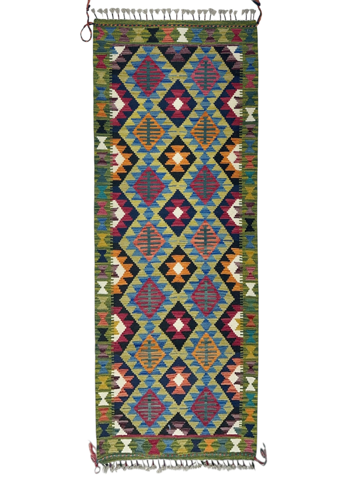 Afghan Kilim Runner 3x6, Olive Green, Black & Pink, Diamond Lattice Wool Flatweave
