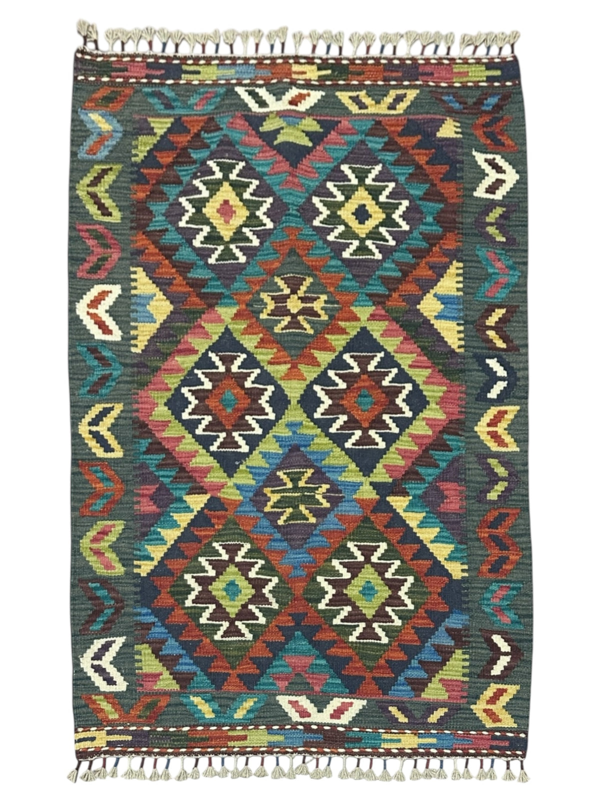 Afghan Kilim Rug 2'11" x 4'1", Hand-Woven Wool, No. 610