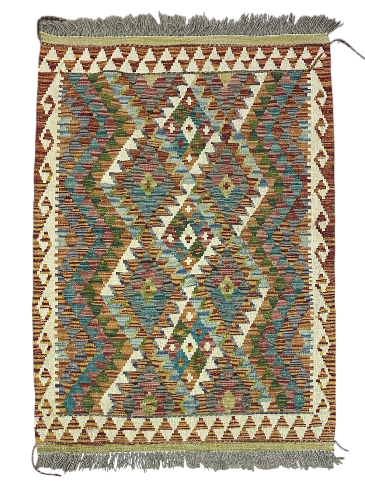 Afghan Kilim Rug 3x4, Rust, Ivory & Olive Green, Hand-Woven Wool Flatweave