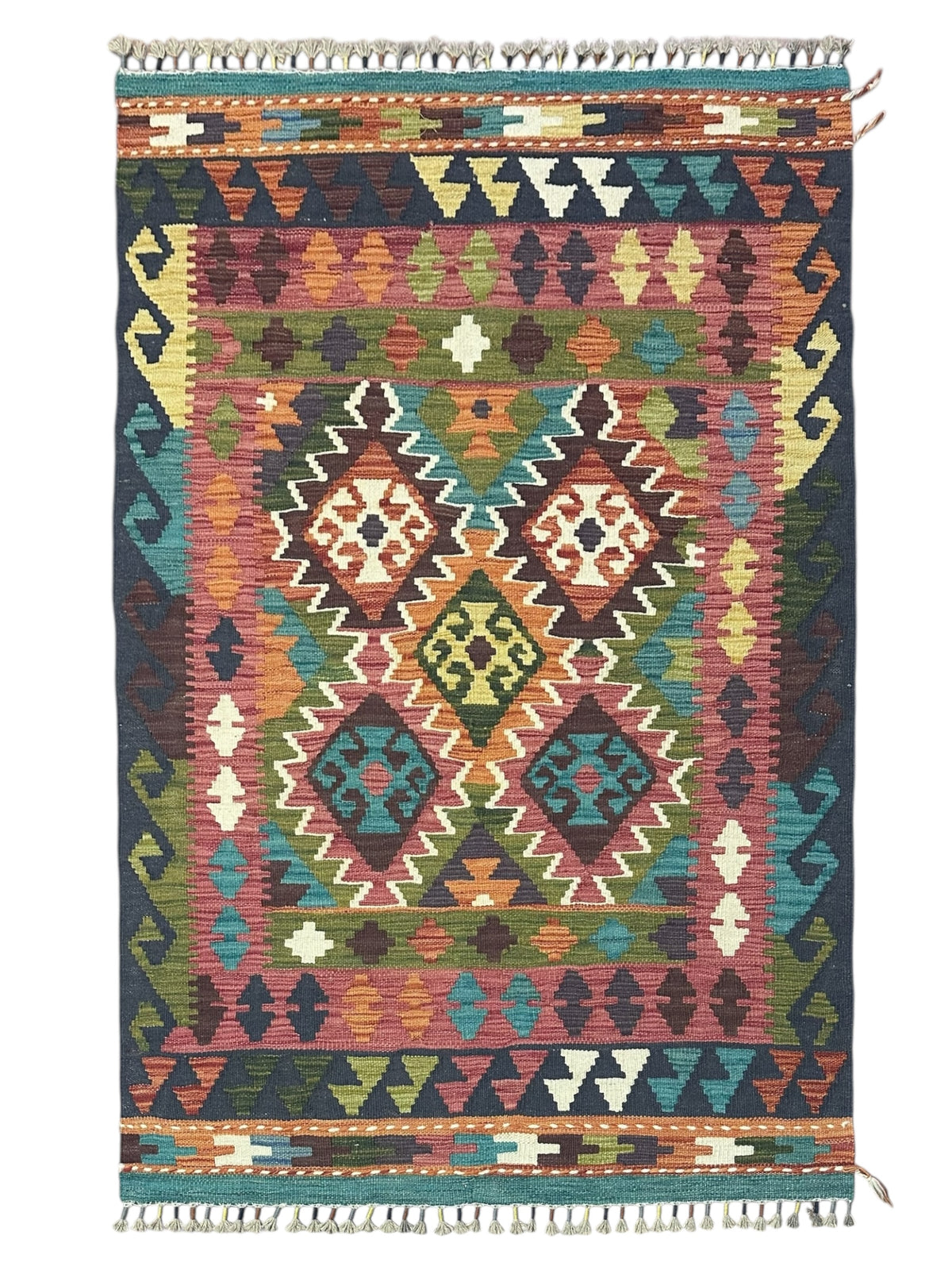 Afghan Kilim Rug 3x5, Navy, Rust & Teal, Hand-Woven Wool Flatweave