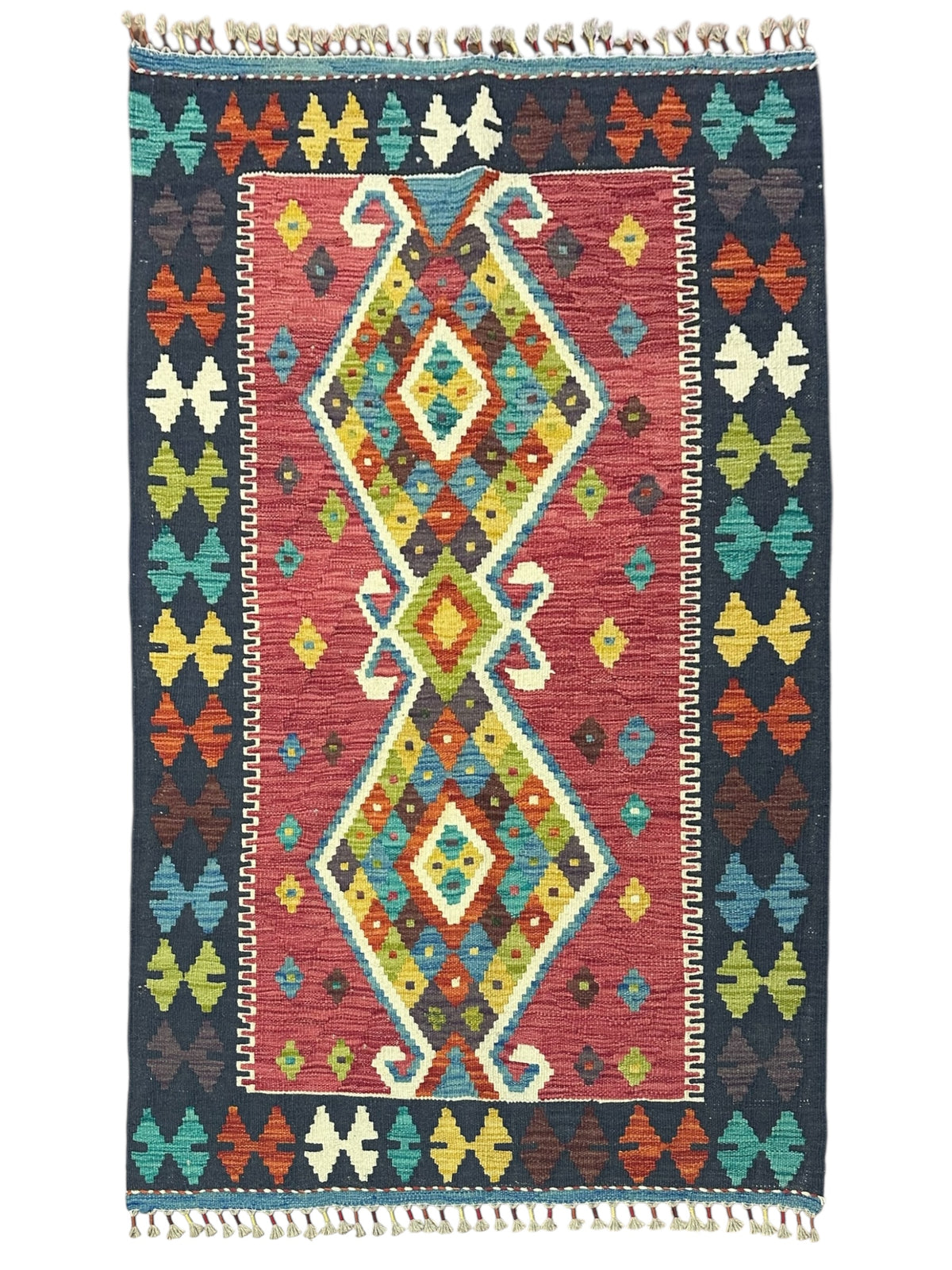 Afghan Kilim Rug 3x5, Red, Navy & Teal, Hand-Woven Wool Flatweave