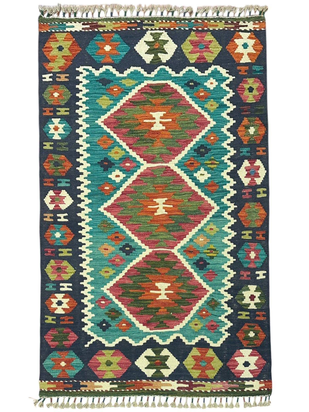 Afghan Kilim Rug 3x5, Navy, Teal & Rust, Hand-Woven Wool Flatweave