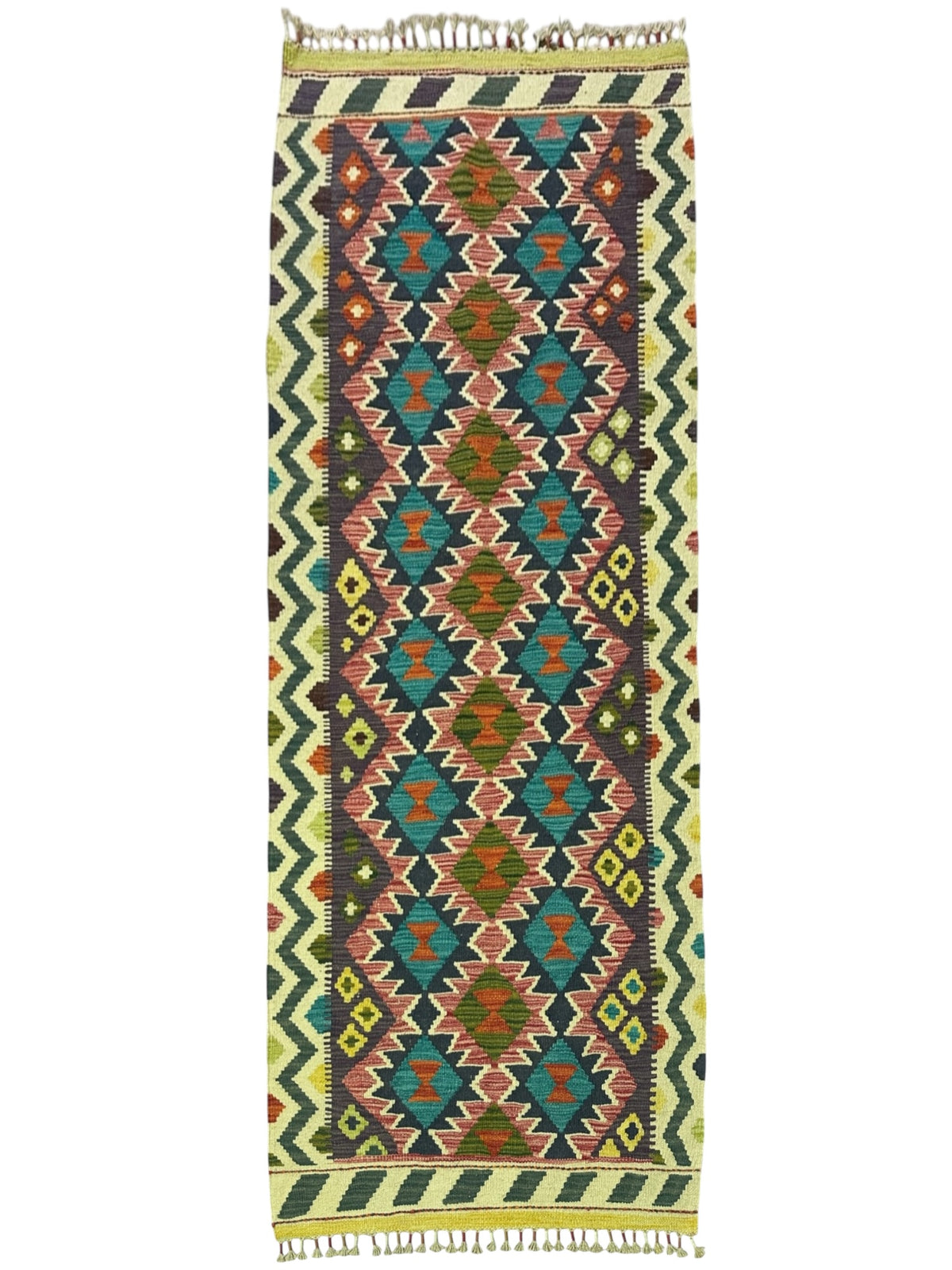 Afghan Kilim Runner 3x7, Teal, Rust & Navy, Hand-Woven Wool Flatweave