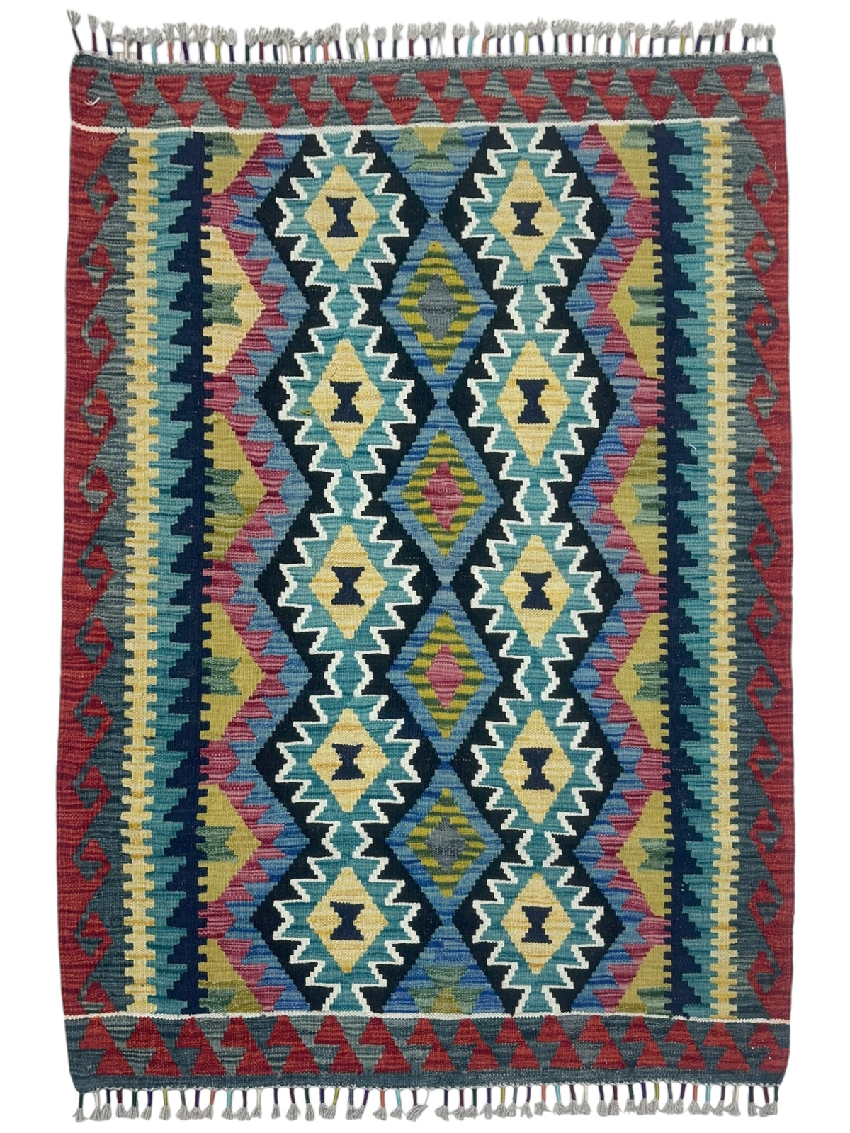 Afghan Kilim Rug 4x5, Red, Teal & Black, Hand-Woven Wool Flatweave