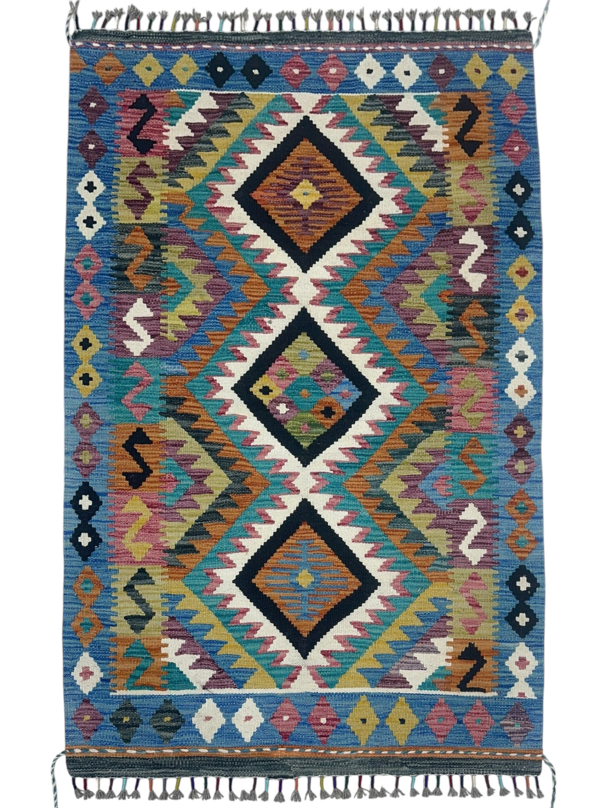 Afghan Kilim Rug 3x5, Blue, Ivory & Black, Hand-Woven Wool Flatweave