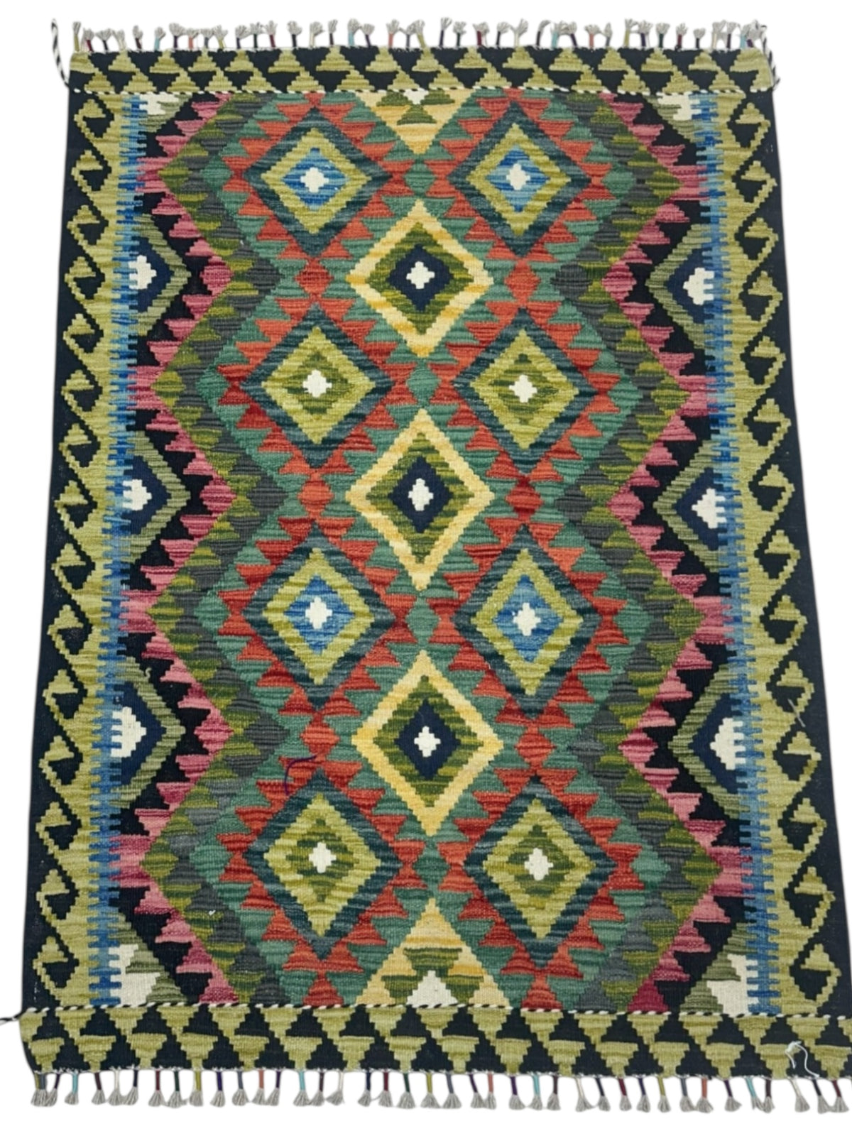 Afghan Kilim Rug 4x5, Olive Green, Rust & Black, Hand-Woven Wool Flatweave, view 2